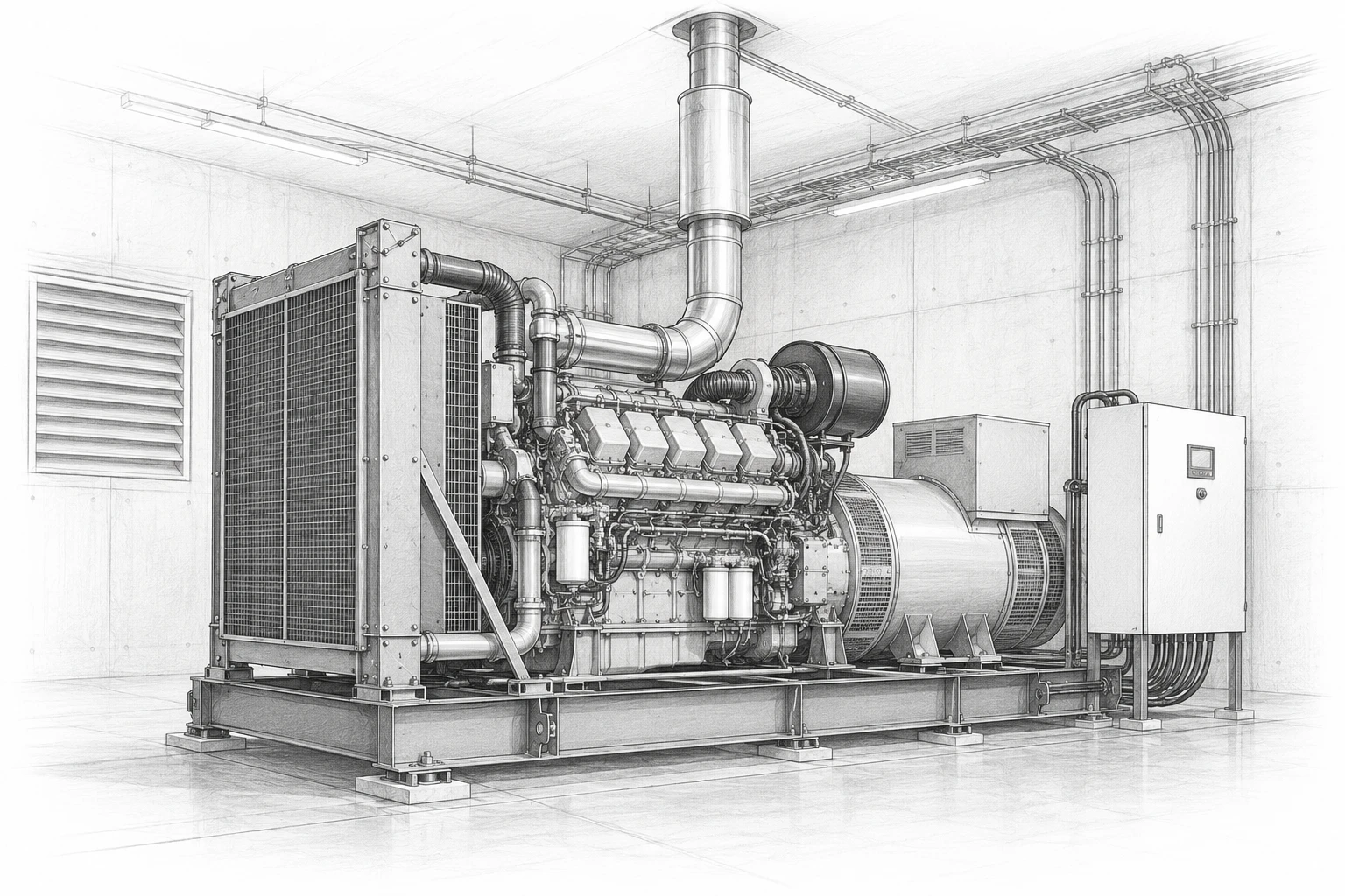 AI-illustration av en dieselgenerator för reservkraft i ett teknikrum