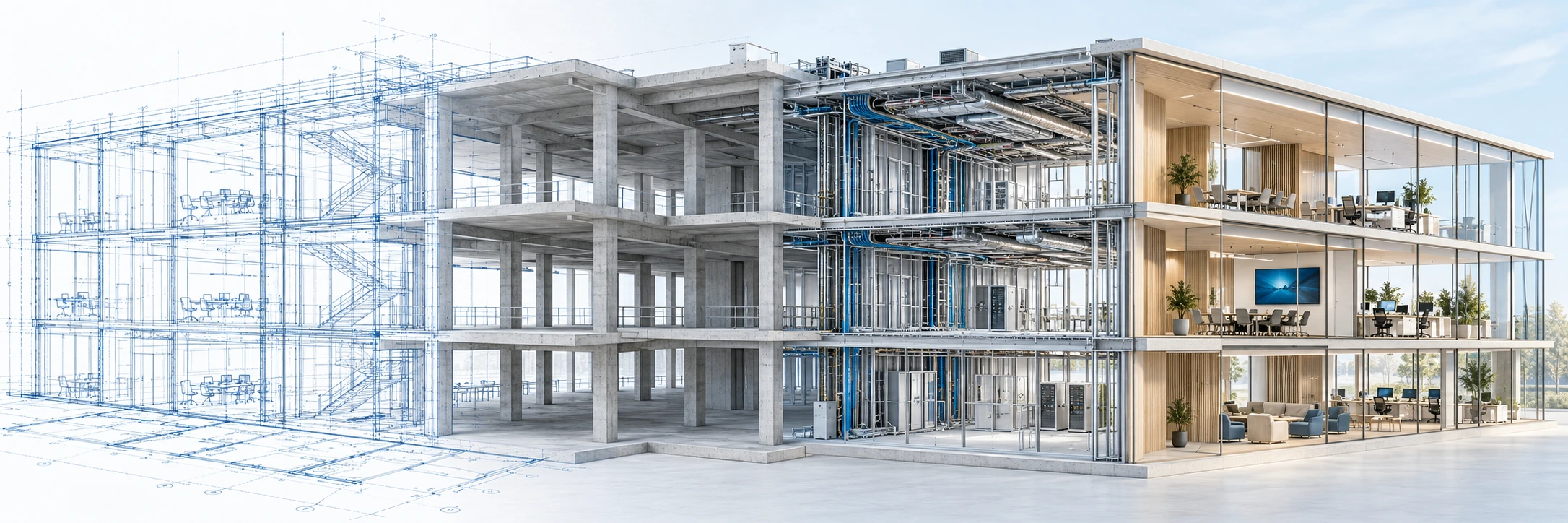 AI-illustration av samma byggnad från vänster till höger: ritning, betongstomme, tekniska installationer och färdiga kontorslokaler
